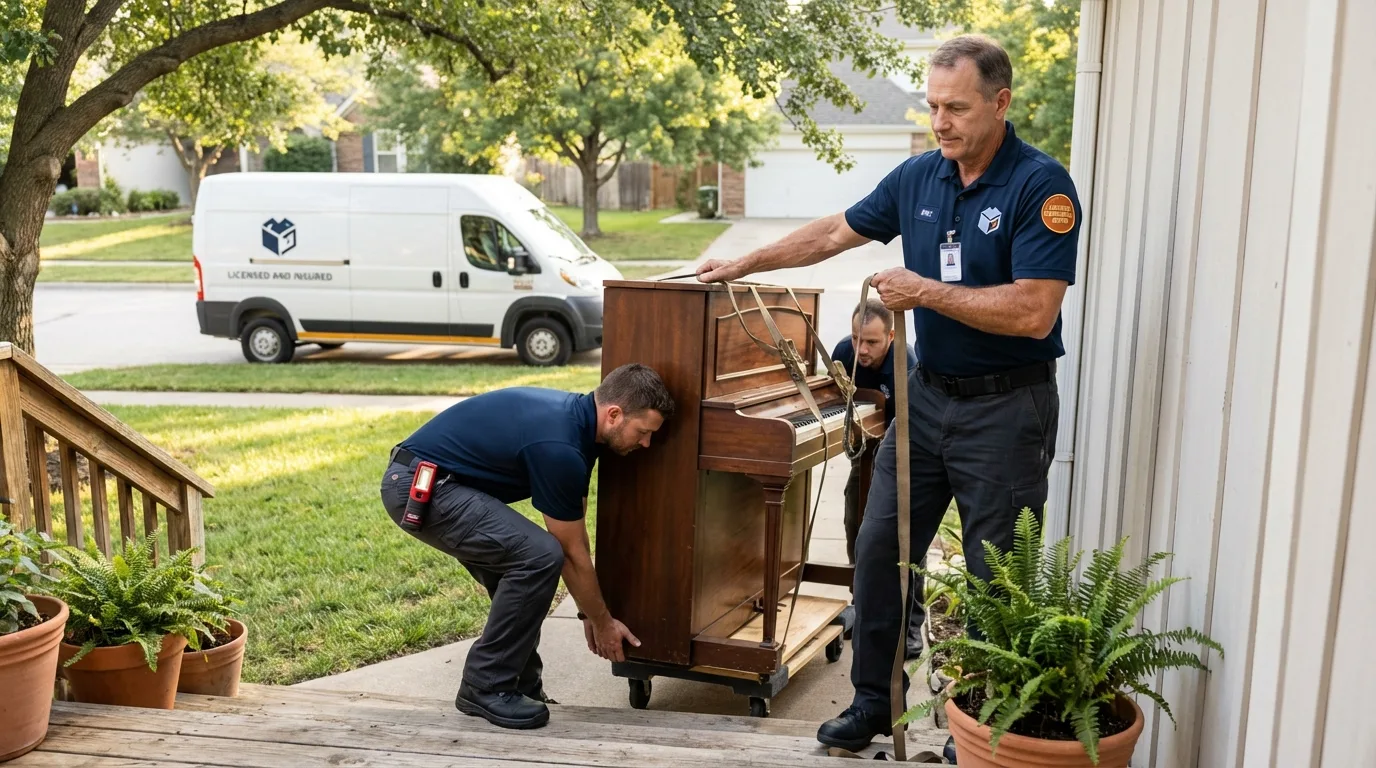 Licensed piano movers securing grand piano in Winnebago, IL