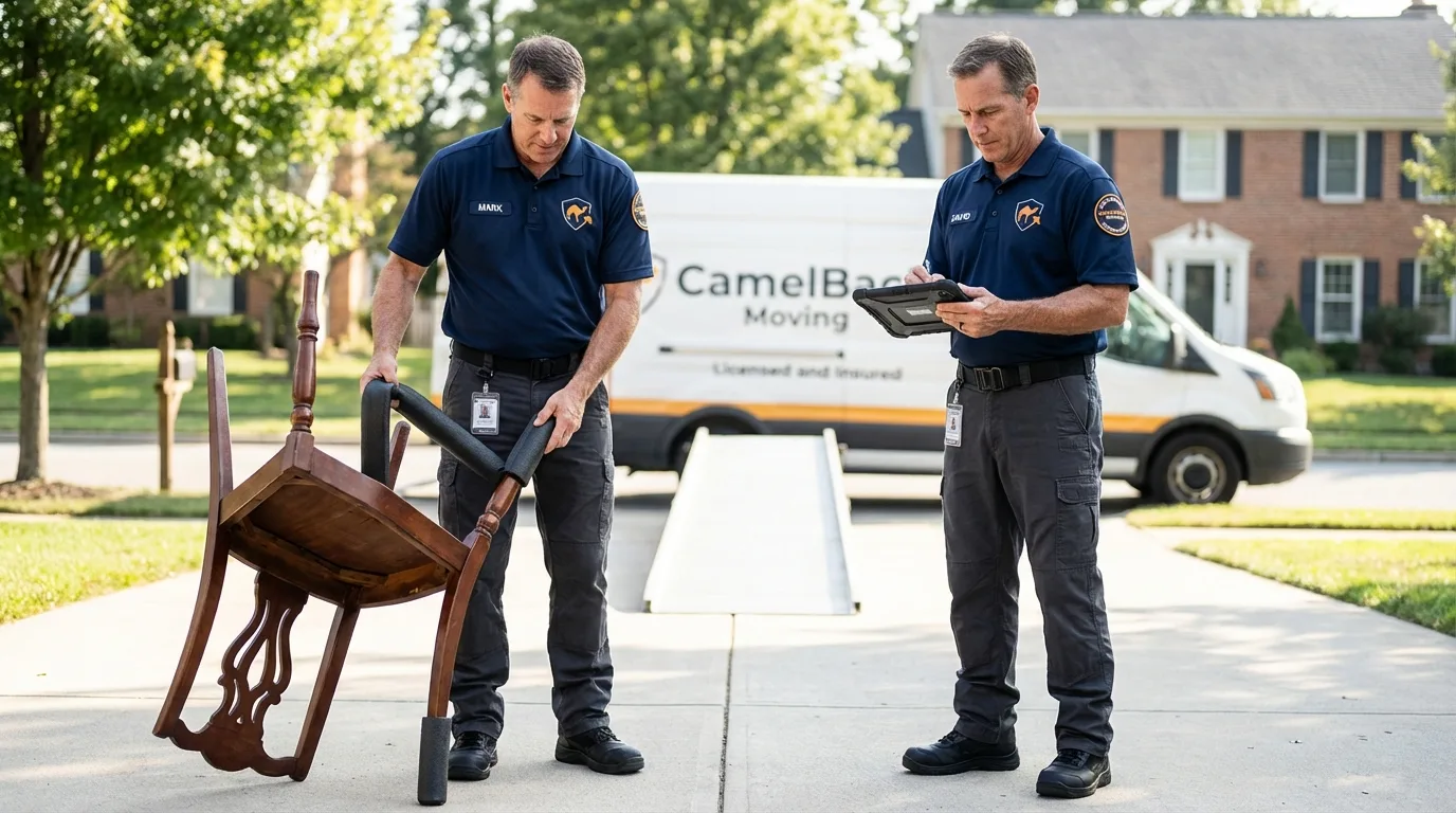 Movers inspecting furniture for damage prevention before loading in Winnebago, IL